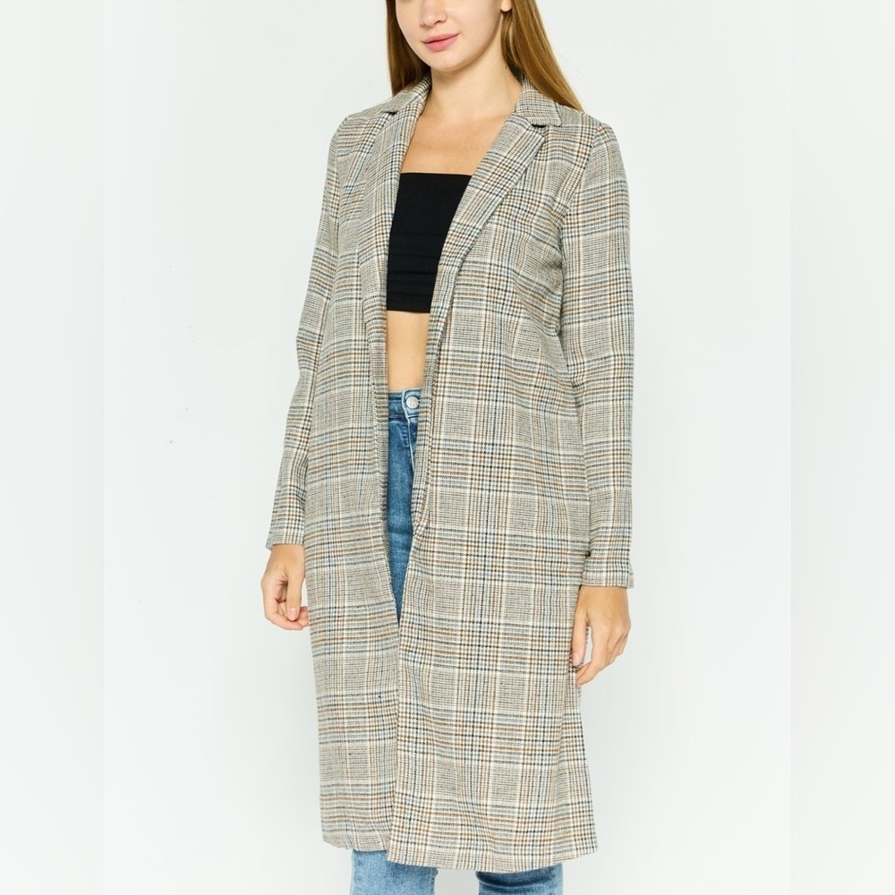 Sadie & Sage Wool Blend Plaid Trench Open Front Longline Brown Grey Coat Large